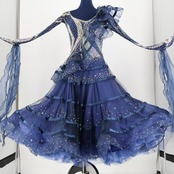 【美品 社交ダンス衣装】ネイビー TAKADANCE タカダンス ワンピース ドレス 紺色 フリル レース ラインストーン 高級感 上品 レオタード クロッチ スパンコール ダンス用 ビーズ 発表会 デモ 競技用