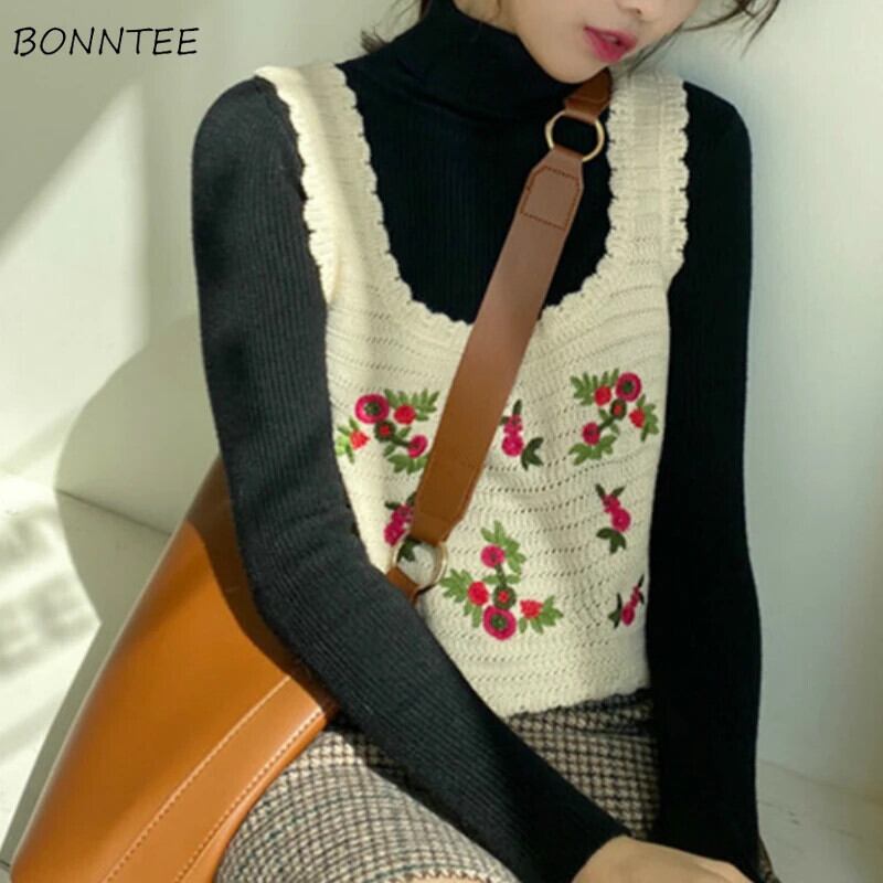 【新作】【送料無料】 セーターベスト女性クロップ刺繍秋トレンディ韓国ファムフローラルシックストリートオールマッチノースリーブ春女の子ニットウェア 0252136130456