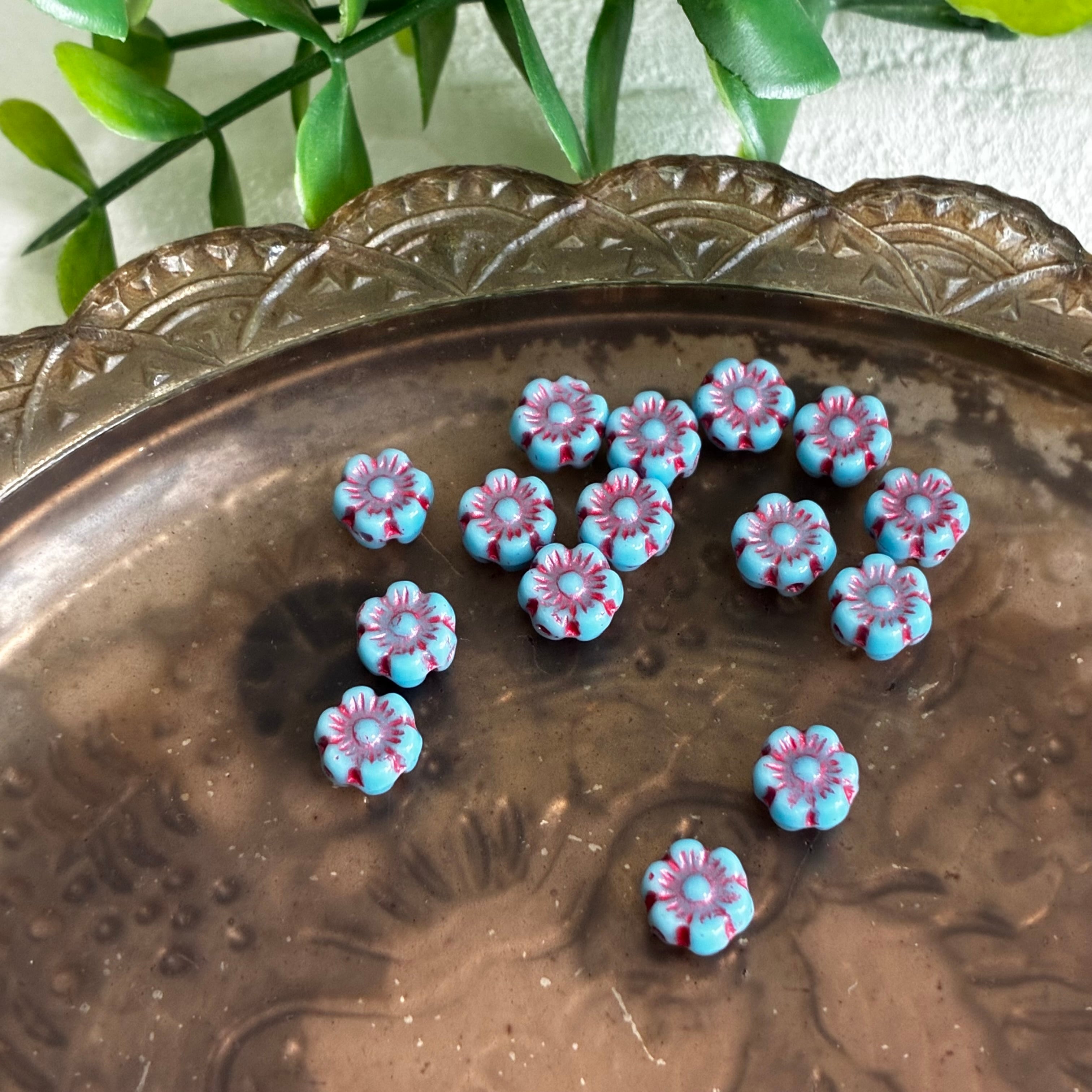 15コ》ミニハイビスカス6㎜ ターコイズ/p チェコビーズ | Enjoy Beads Life