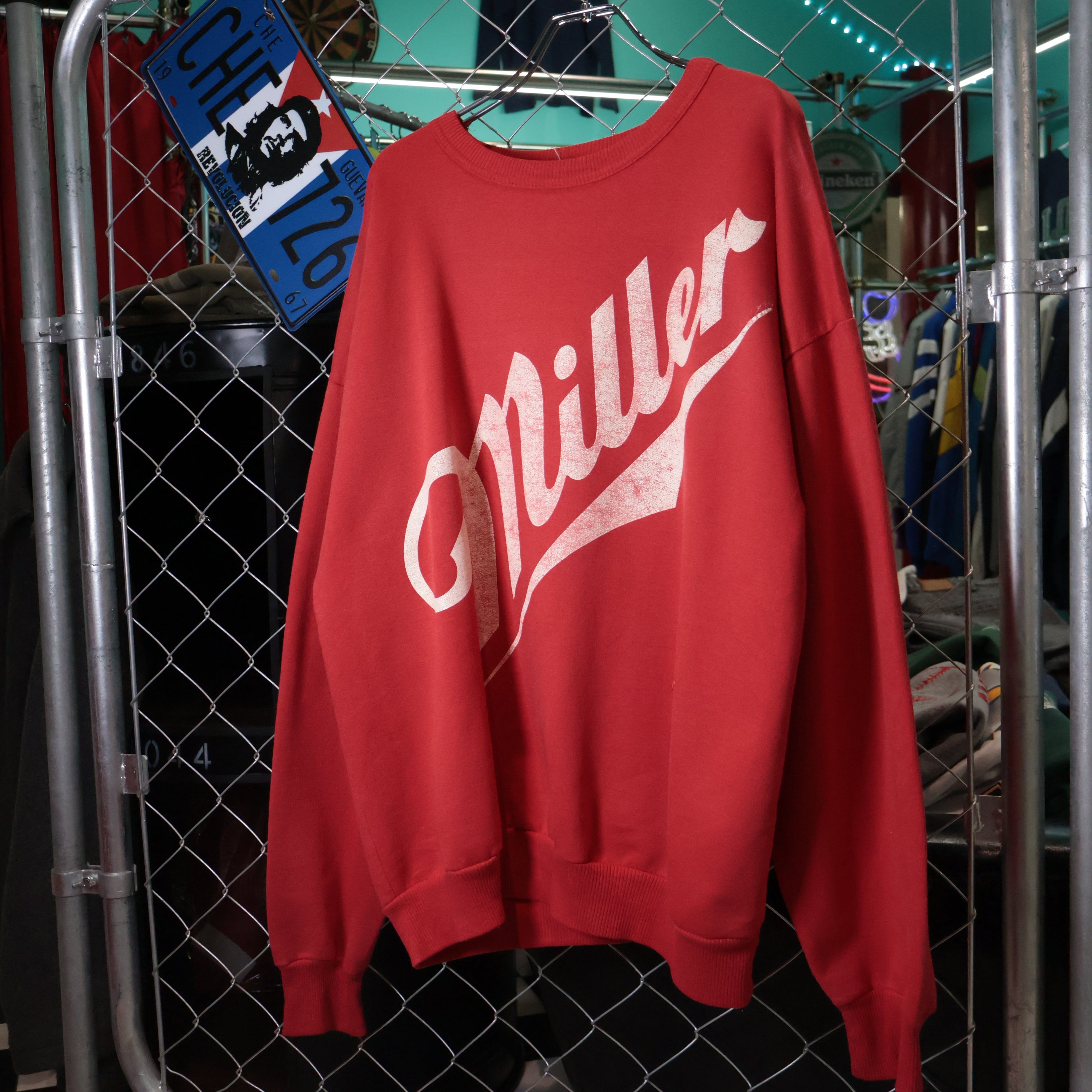 80s〜90s Miller ビールスウェット 赤白 両面プリント フェード 赤