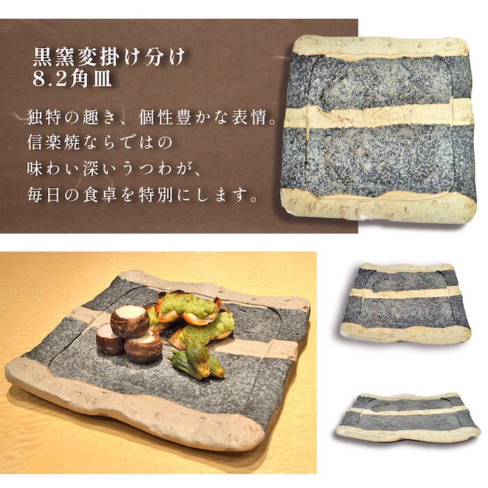 信楽焼 黒窯変掛け分け8.2角皿 焼物皿 料亭 業務用食器 ホテル 旅館