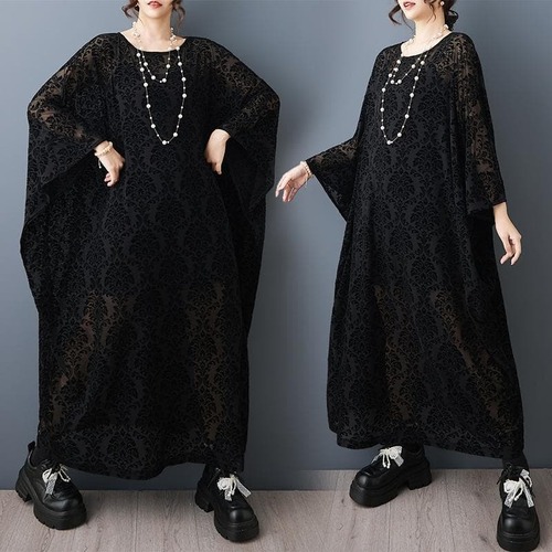 大きいサイズ 新品 黒ジャガードワンピース レディース ゆったり 体型カバー 透け感 フレア ロング 夏コーデ シンプル 上品 モード系