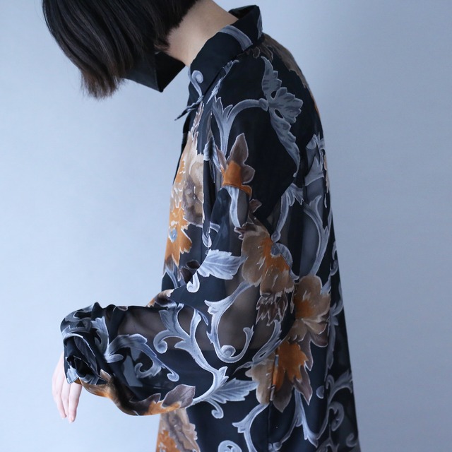 beautiful flower art pattern black mode see-through shirt