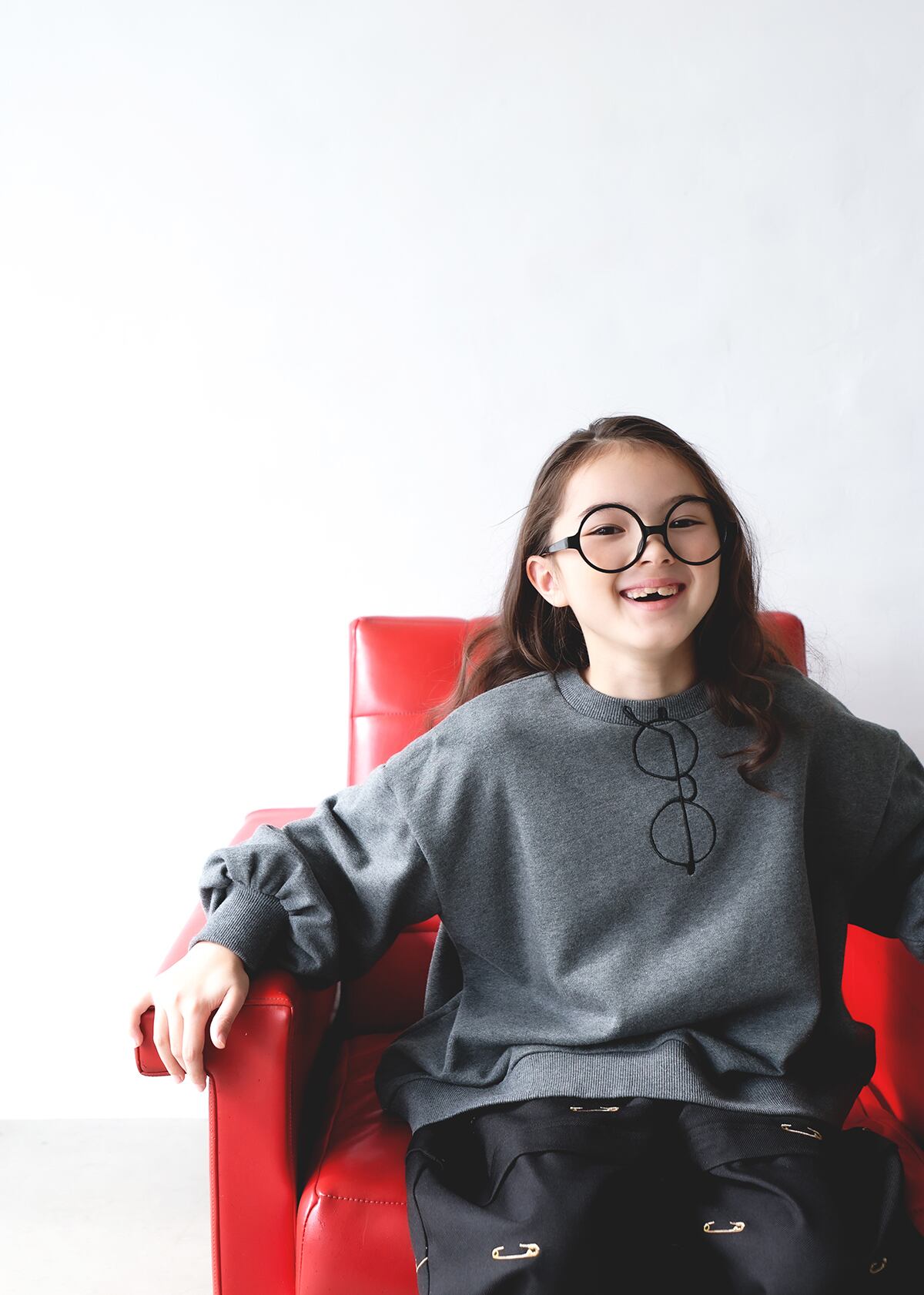 【26AW】michirico(ミチリコ)Glasses embroidery pullover ダーク杢グレー(M)スウェット めがね トレーナー グレー