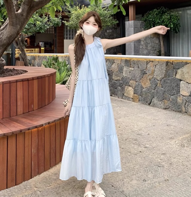 ノースリーブティアードワンピース　ライトブルー ワンピース ロング丈 サマーワンピ リゾートワンピ レディース