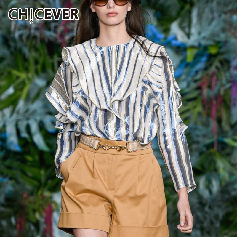 CHICEVERフリルストライプレディースシャツOネック長袖ルーズブラウス2020 ロング ラッフル 6base583808154281
