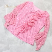 社交ダンス 衣装 スタンダード トップス レッスンウェア レディース 長袖 ピンク系 キラキラ ホログラム フリル かわいい 練習着 華やか 伸縮性 動きやすい おしゃれ パーティー レディースファッション スポーツウェア ダンス用 練習用 トップス 薄手 お洒落 トレーニング ウエア 上品 デザイン発表会 フレア シルエット ルームウェア