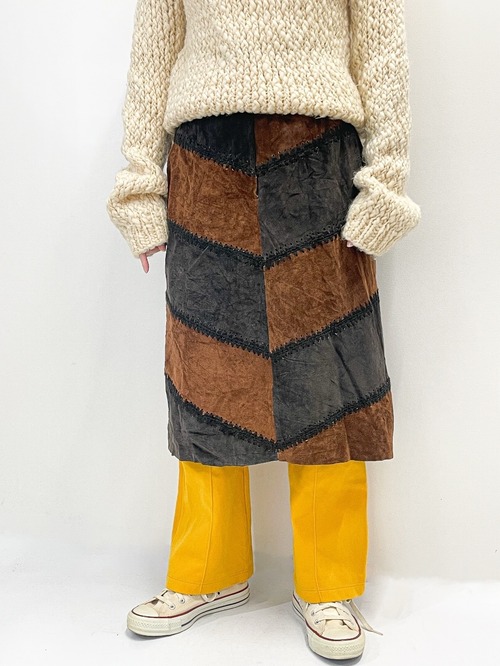 Vintage Suede Patchwork Skirt with Crochet Stitching