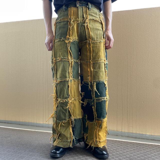 リメイクデニム ブルーデニム ワイド 再構築 M 青 黄 イエロー 14330