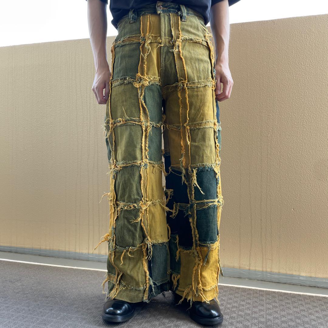 リメイクデニム ブルーデニム ワイド 再構築 M 青 黄 イエロー 14330