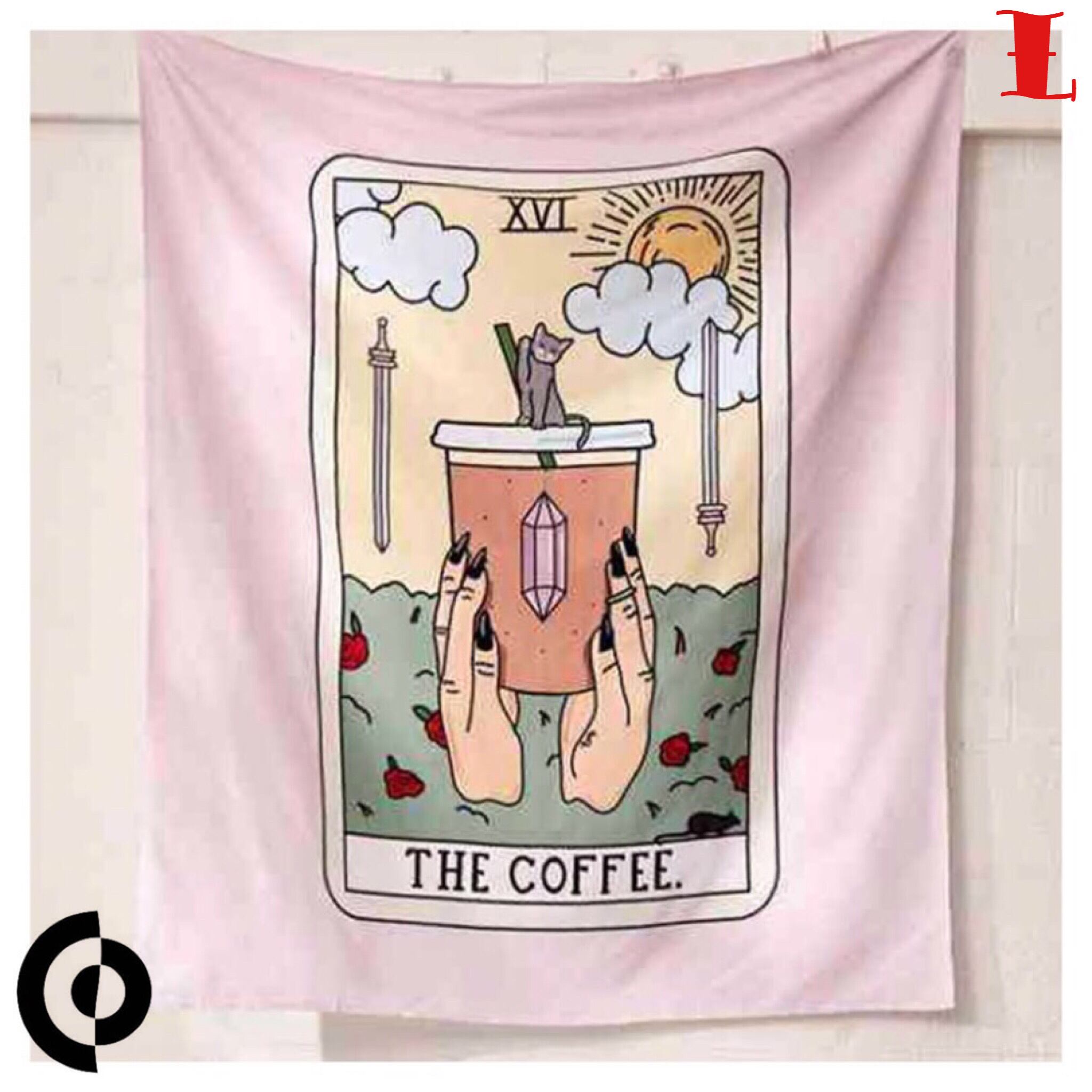 タロットカード コーヒー 猫柄 タペストリー テーブルクロス 万能布 Lサイズ 白 薄ピンク系 150 130 インテリア 敷物 通販 猫グッズ お洒落 かわいい 占い チベタンタイガーラグ チベット絨毯 Amukurium Handmade Tibetan Tiger Rug