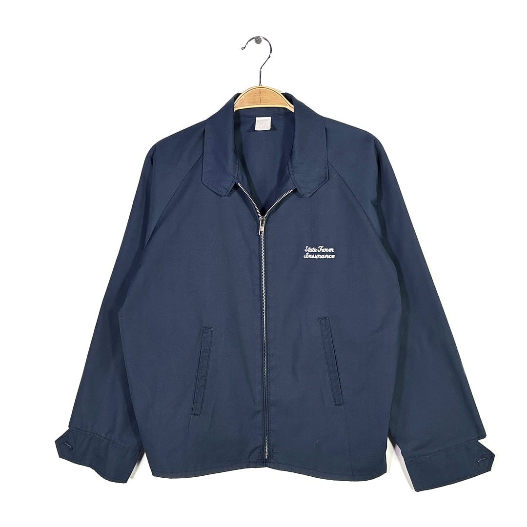 80s STATE FARM INSURANCE 企業系 ヴィンテージ スウィングトップ ワンポイント刺繍 コットンジャケット ネイビー サイズS 古着 DZ0777