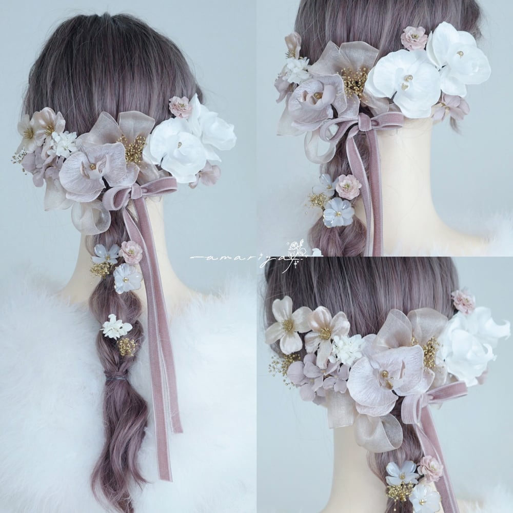 髪飾りベルベット胡蝶蘭3輪wと桜