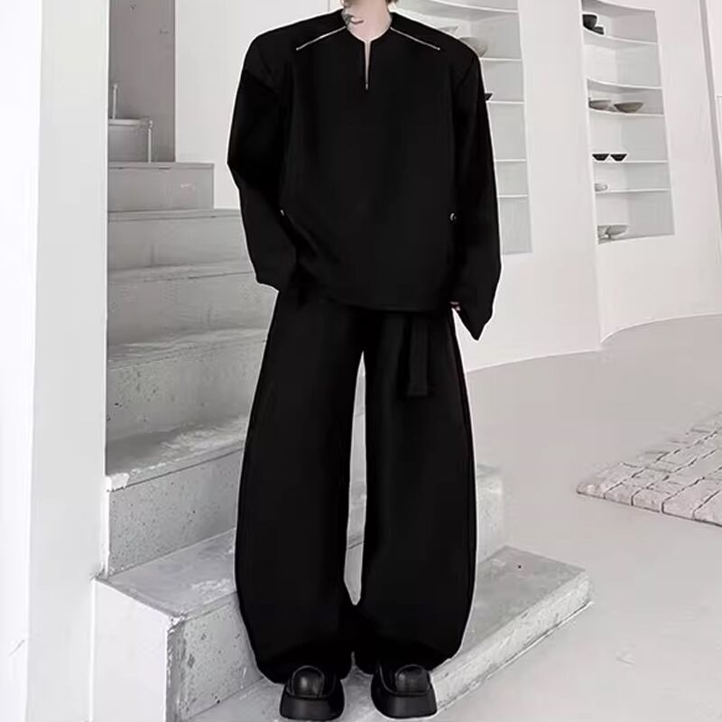 ヘンリーネックロングスリーブトップス&ワイドレッグパンツ, 2color MSE0014