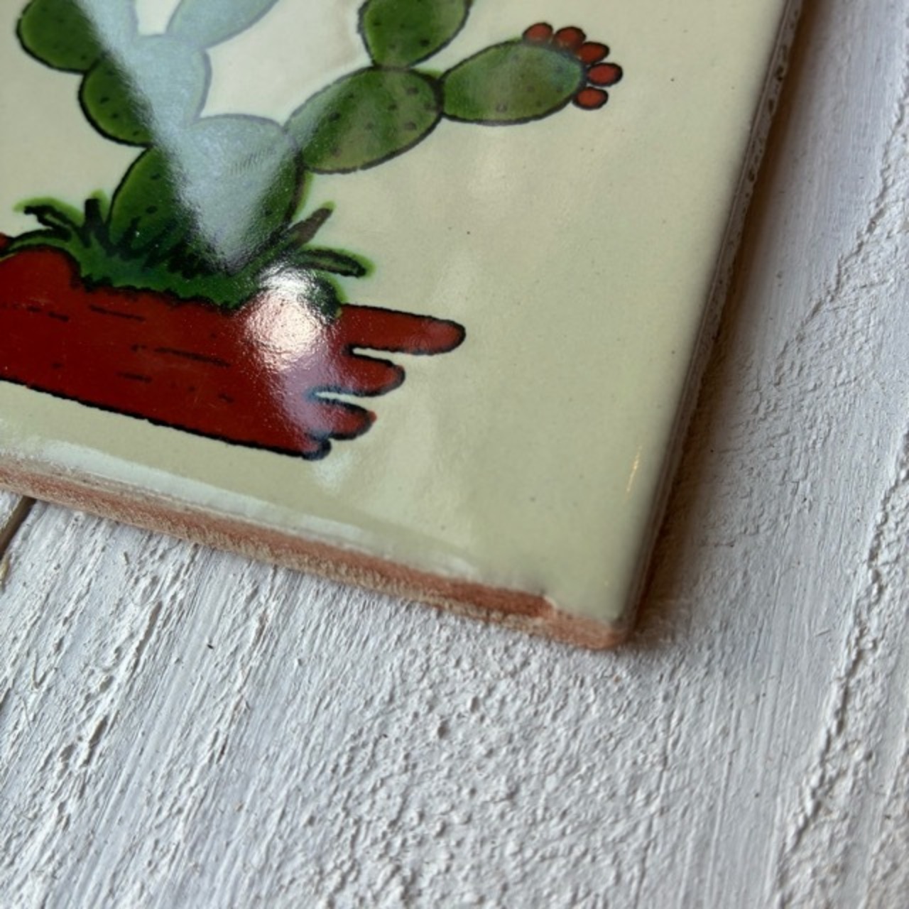 Mexico Talavera tile　メキシコタラベラタイル　W　サボテン　グリーン　ホワイト　10cm　コースター　鍋敷き　DIY　モザイクタイル　柄タイル　室内壁　室外壁　デザインタイル　レトロ　アートタイル　ハンドメイド