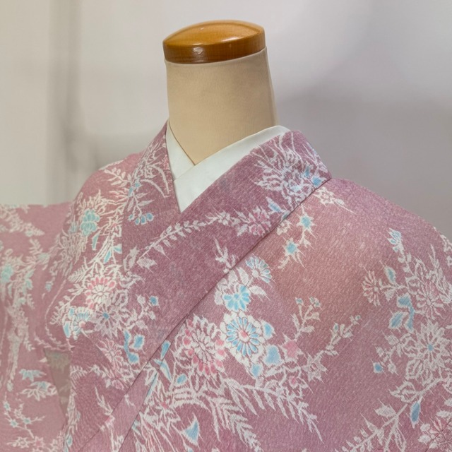 小紋 夏 麻風 夏用 洗える着物 裄65.2cm 身丈154.5cm 花柄 お洒落着 普段着 ポリエステル ピンク  美品 M サイズ 6141