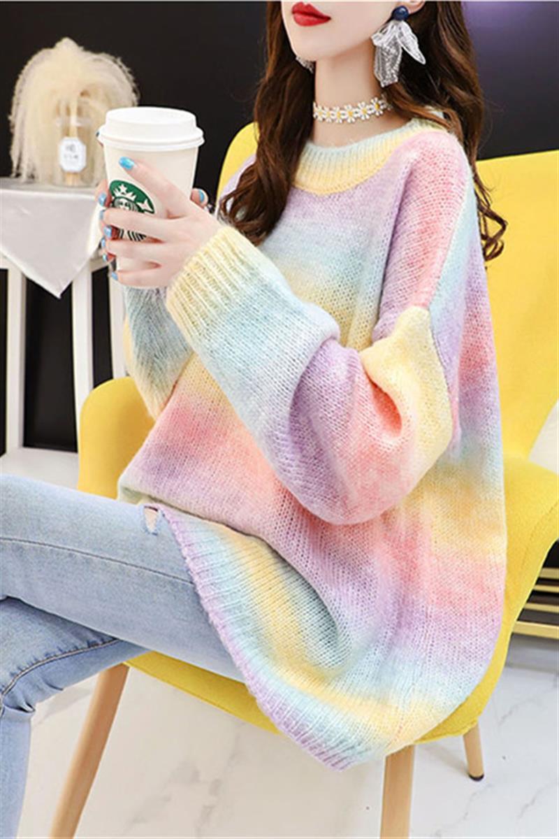 トップス ニットソー セーター 袖あり 長袖 ドロップショルダー ラウンドネック ストレート Iライン ふわふわ ウール かわいい 大人可愛い きれいめ シンプル 大人 上品 おしゃれ お洒落 大人可愛い 大人女子 こなれ感 ラブリー キュート ガーリー エレガント 存在感 とろみ感 レインボーニット トップス セーター 袖あり 長袖 ラウンドネック