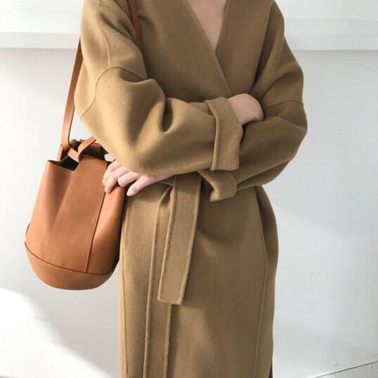 ノーカラー ロングコート キャメル オールシーズン