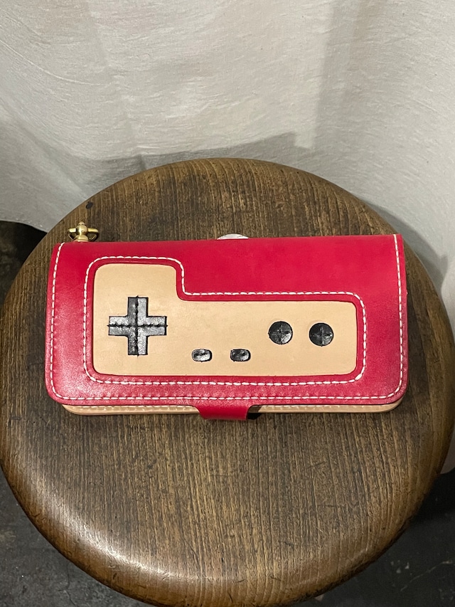 ファミコン風レザーロングウォレット　ハンドメイド