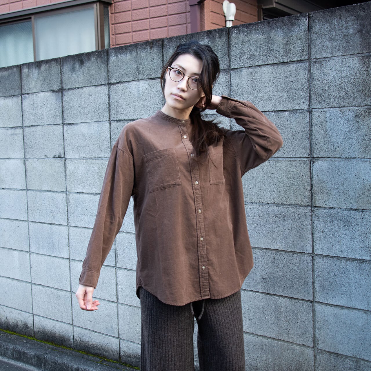 ノーカラーコーデュロイシャツ