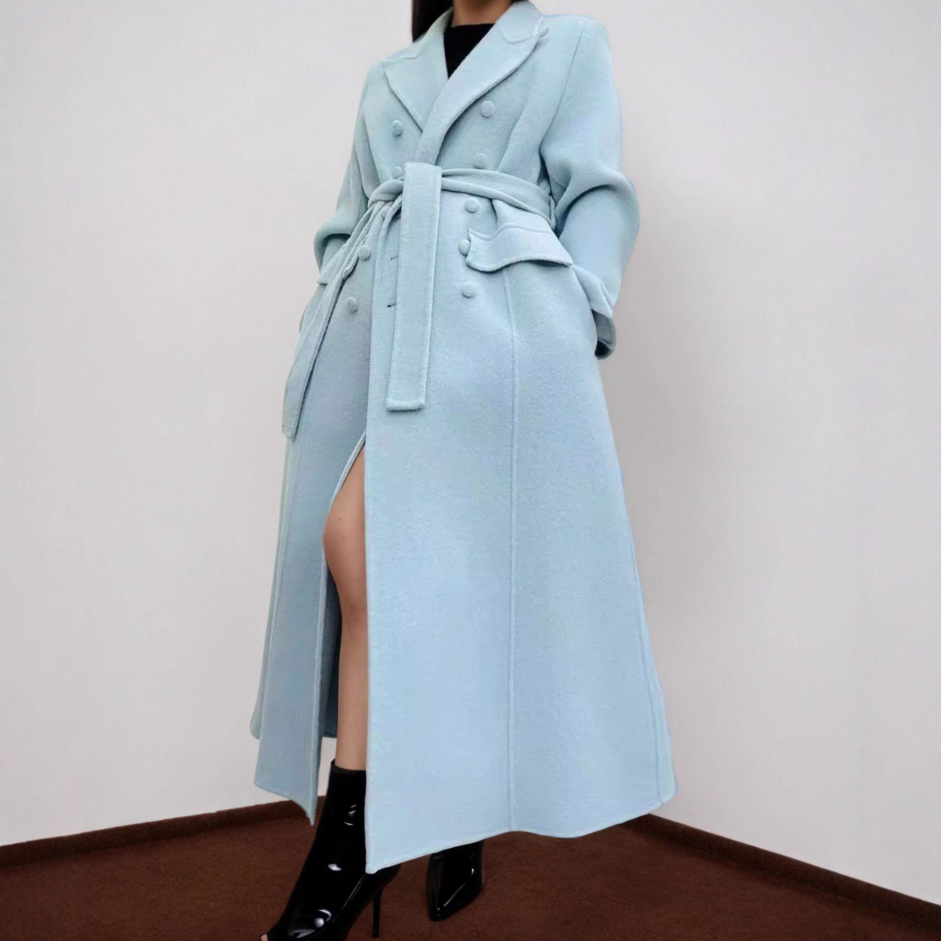 LIGHT BLUE LAPEL V-NECK DOUBLE BREAST LONG WOOL COAT 1color M-15436