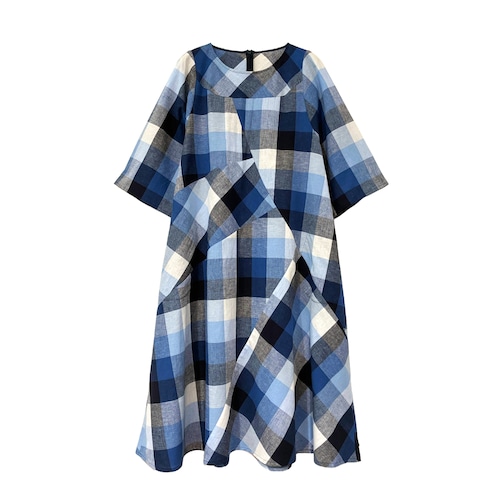 綿麻ブロックチェックワンピース【262-7171】Block check dress
