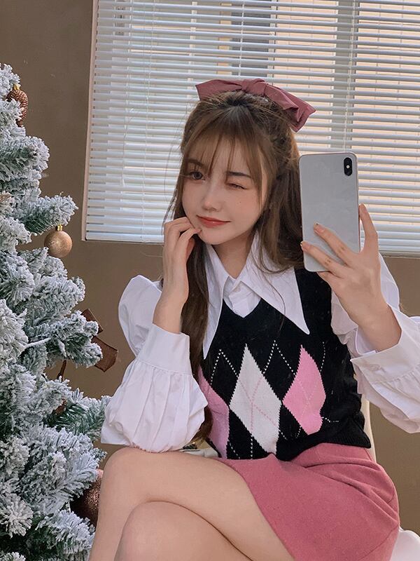 セーター ショート格子柄オータムウィンター 秋物 冬物 ブラックストロベリース82667057236