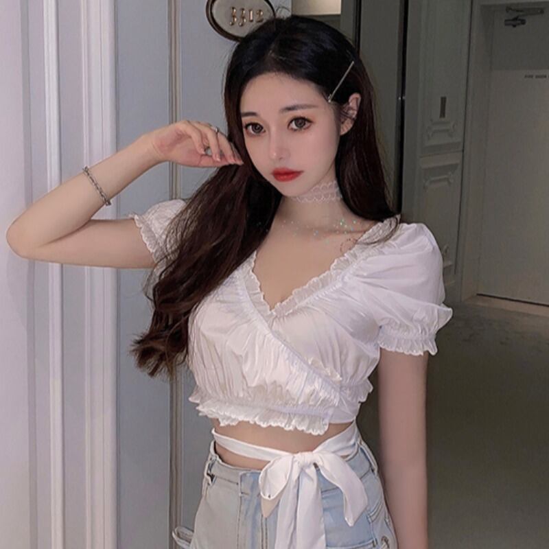 サマースタイルVネックスリーブショートシャツ トップス レディース 夏物 ハンチェンe8324655095