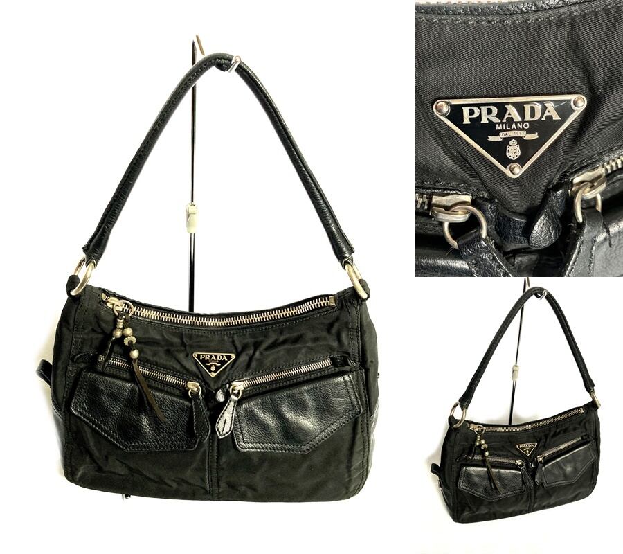 PRADA / プラダ プレート レザー ジップ ハンドバッグ&ショルダーバッグ BLACK 2way