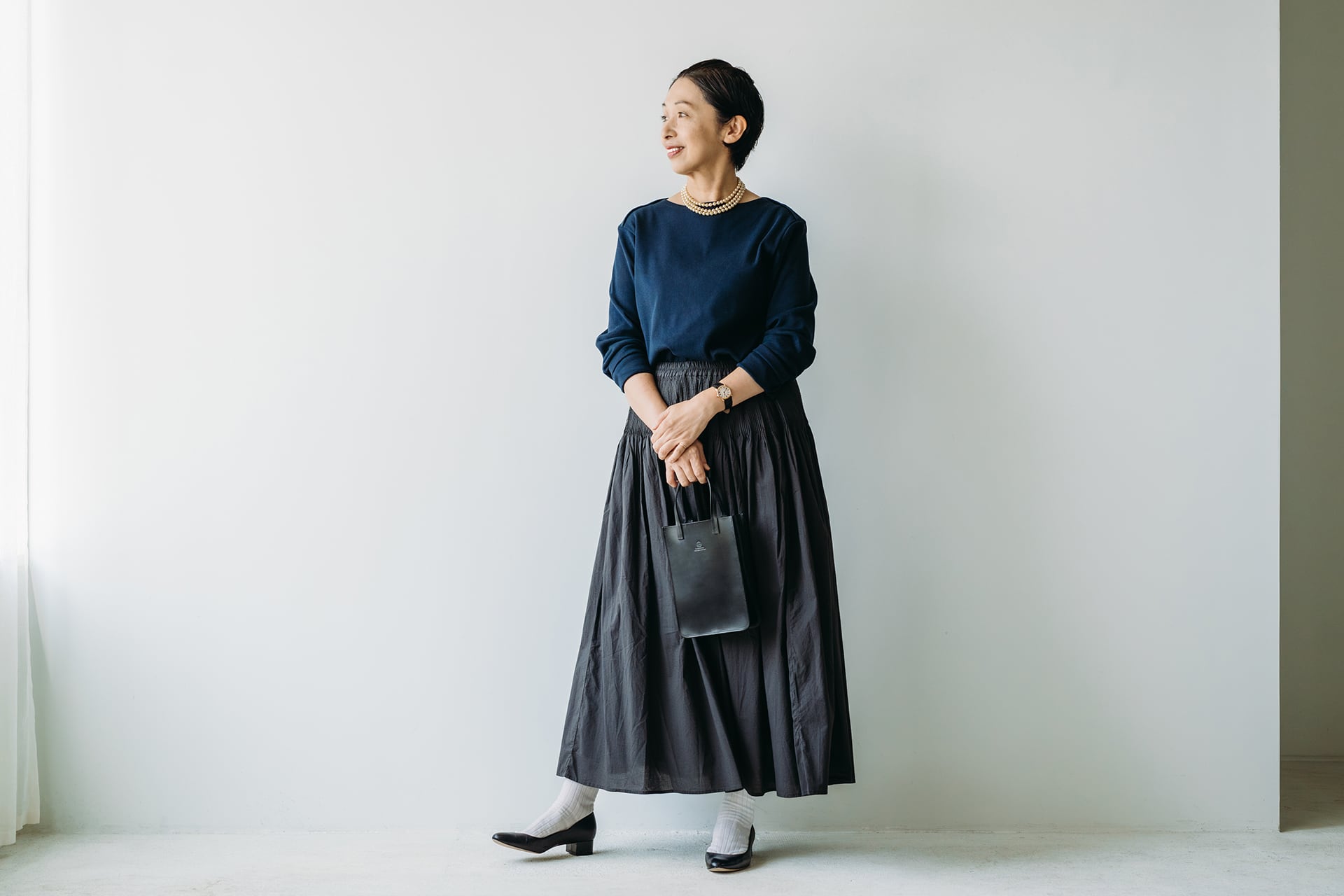 ネイビー】「HAND ROOM WOMENS」バルキーボートネックカットソー