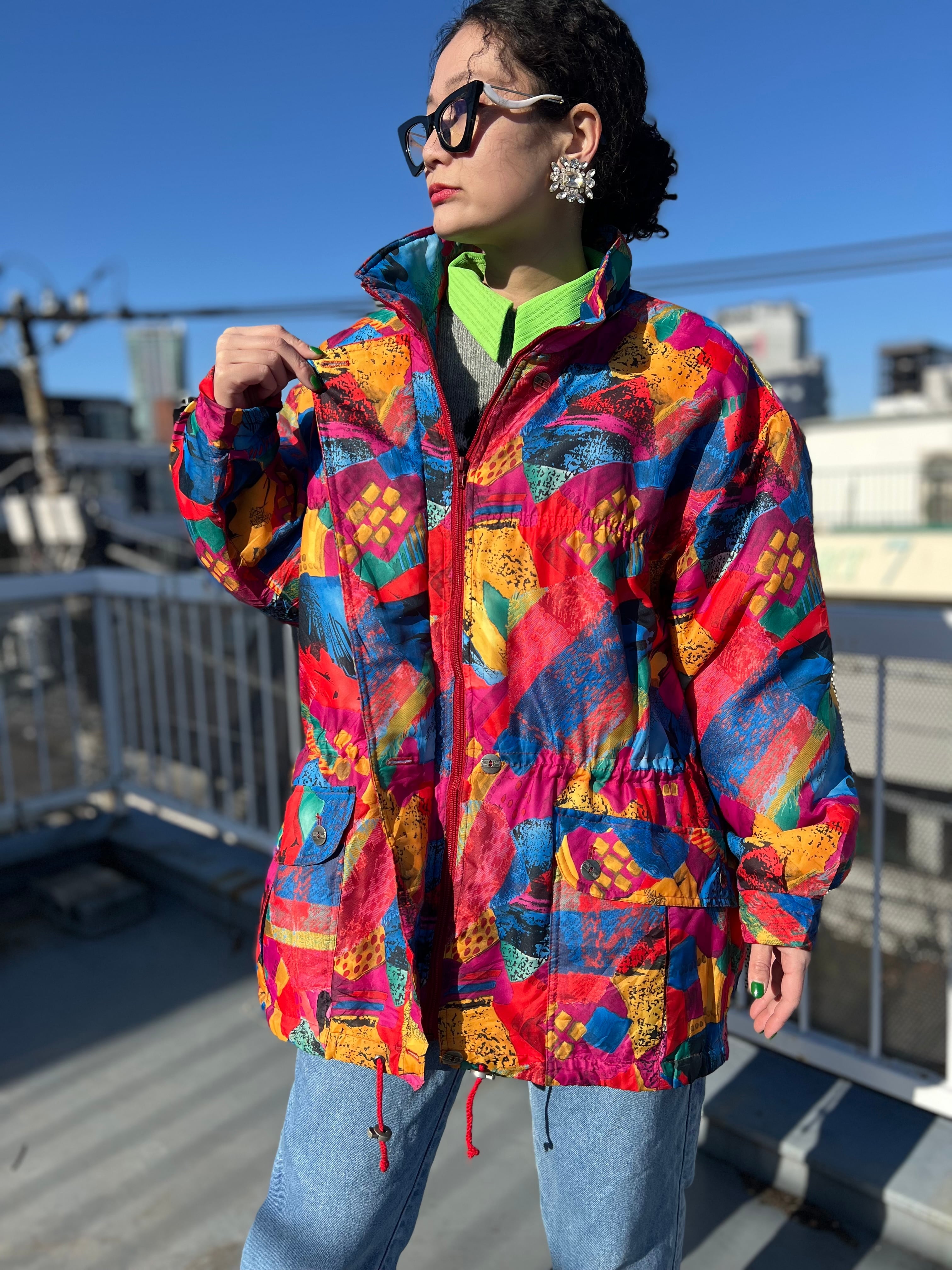 Vintage EUR multicolored foodie blouson ( ヴィンテージ ヨーロッパ マルチカラー フード つき 中綿入り ブルゾン )