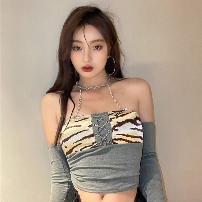 レオパードプリント柄チェーン ホルタースリーブTシャツ トップス サマー 夏物 ステッチ ドラファッションホール70020296595