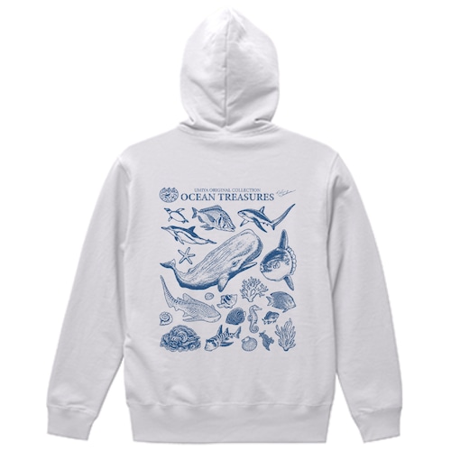 海洋生物ヴィンテージ風プルオーバーパーカー｜OCEAN TREASURES／Model-05（ホワイト）