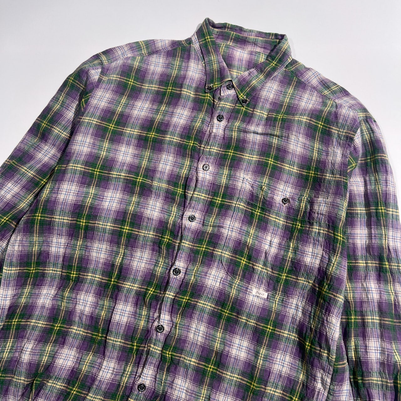 PAPAS パパス マドラスチェック リネン BD 長袖シャツ M/パープル