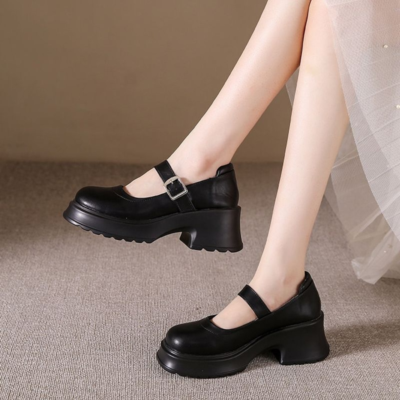 ストラップ  厚底 プレーントゥ シューズ  90015