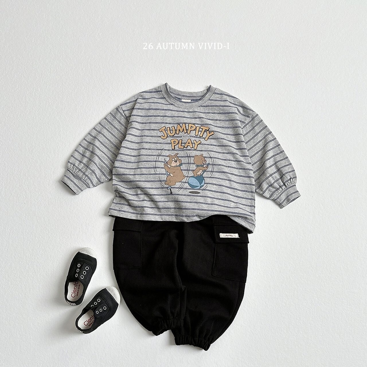 韓国子供服 / VIVID-I / 26Autumn / ストライプ ドッグ カートゥーン Tシャツ / キッズ服 / ジュニア服 / 秋服 *XS~JM*