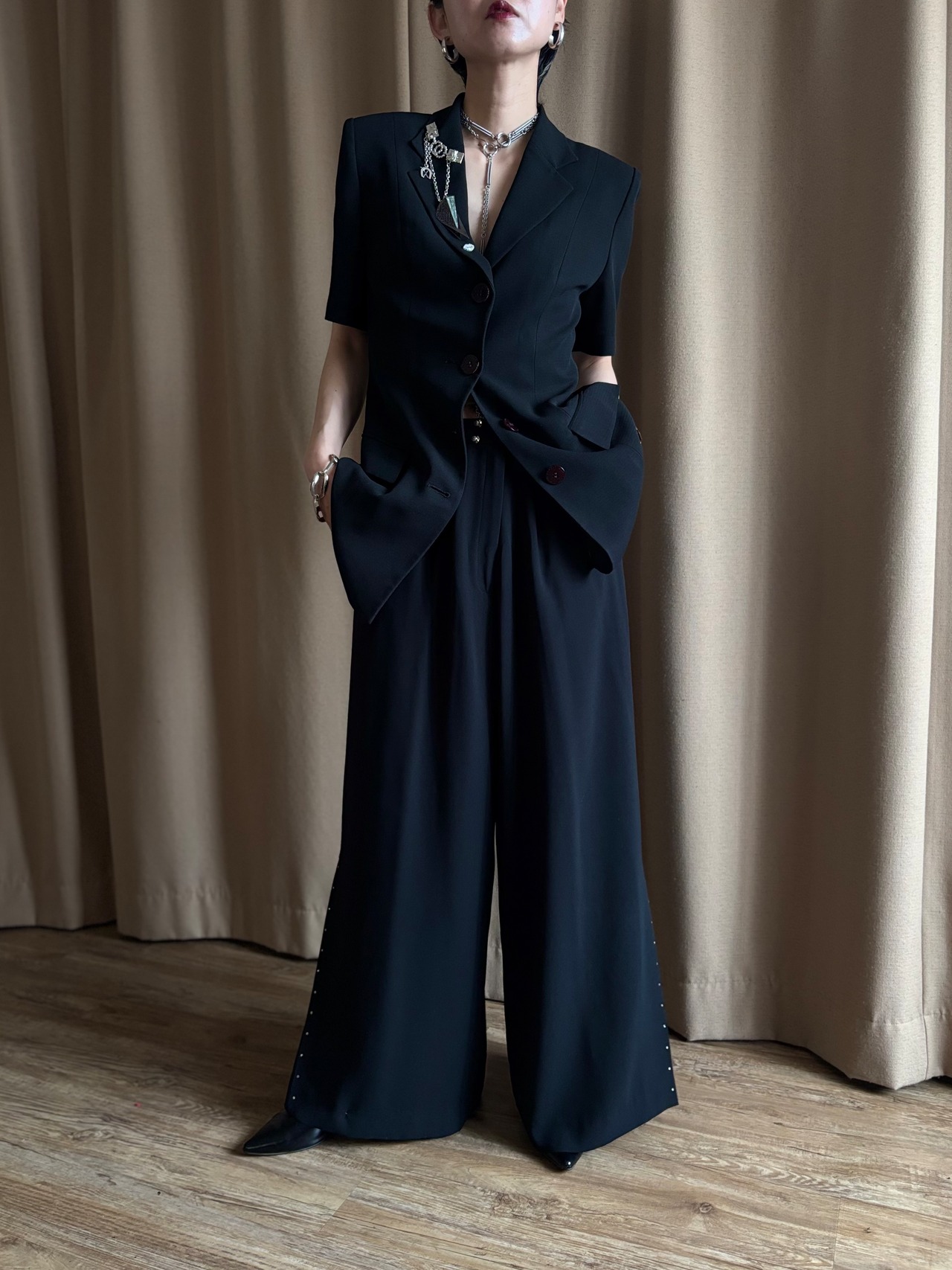 vintage brooch black summer jacket-5204-4