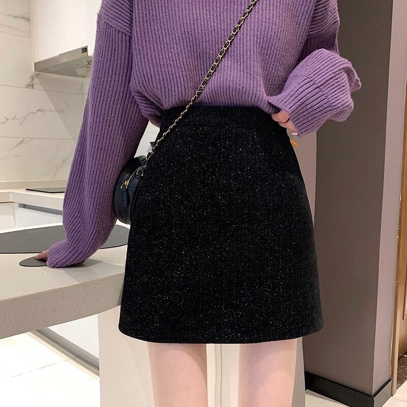 Aラインスカート スプリングオータムハイウェストウェストスリムブラックショート 春物 秋物 1号婦人96474028670