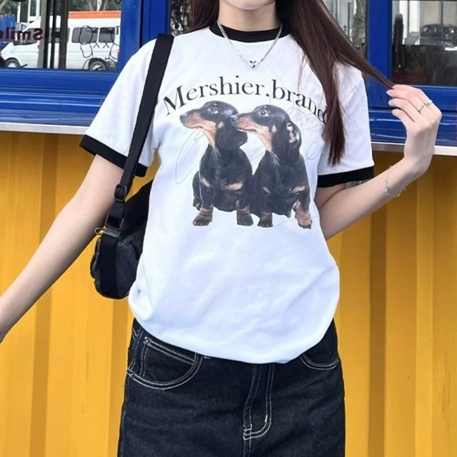 ダックスフントグラフィックリンガーTシャツ 2col R02294
