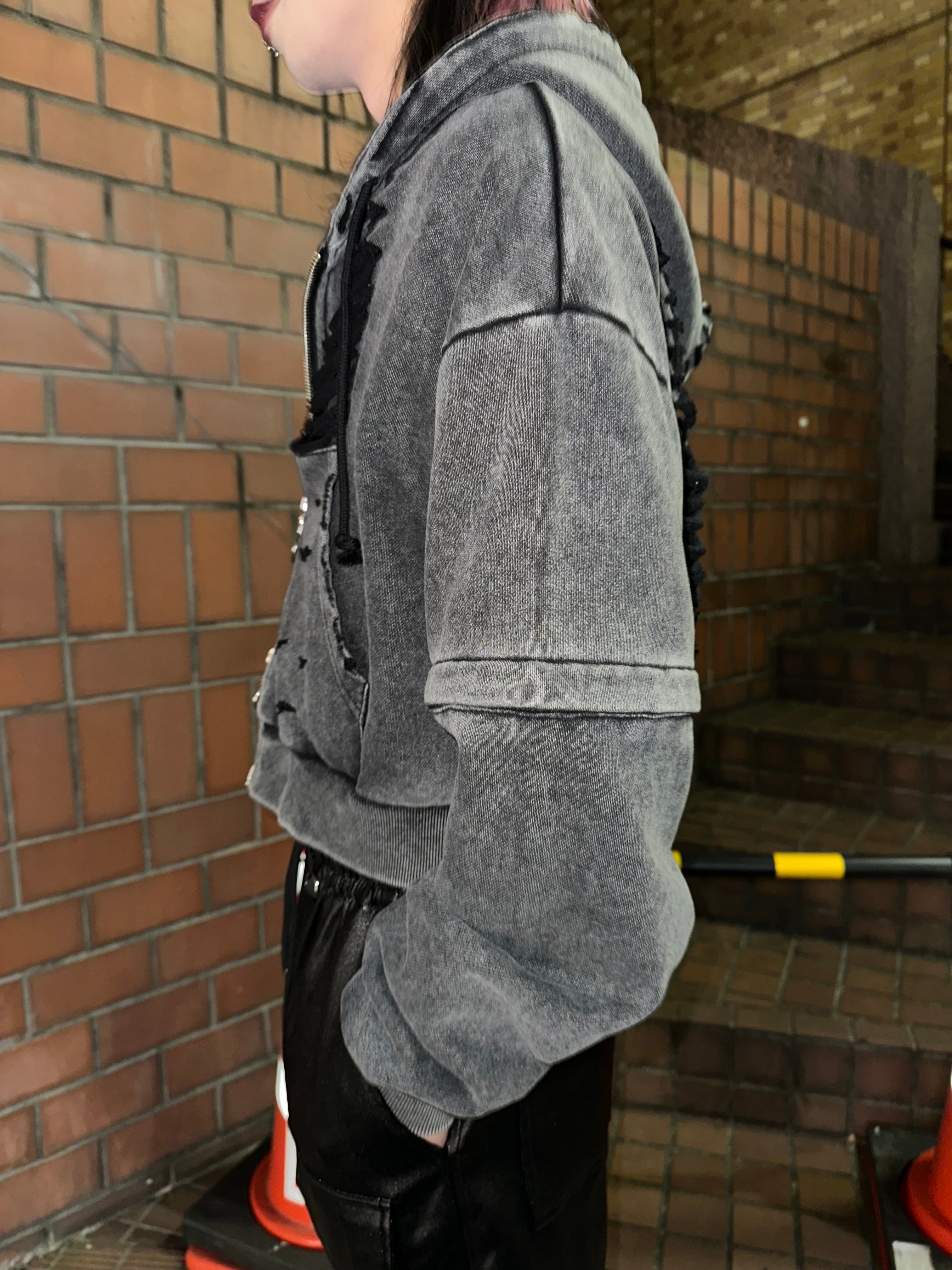 ダブルジップダメージパーカー（ショート）サブカル 地雷 グランジ