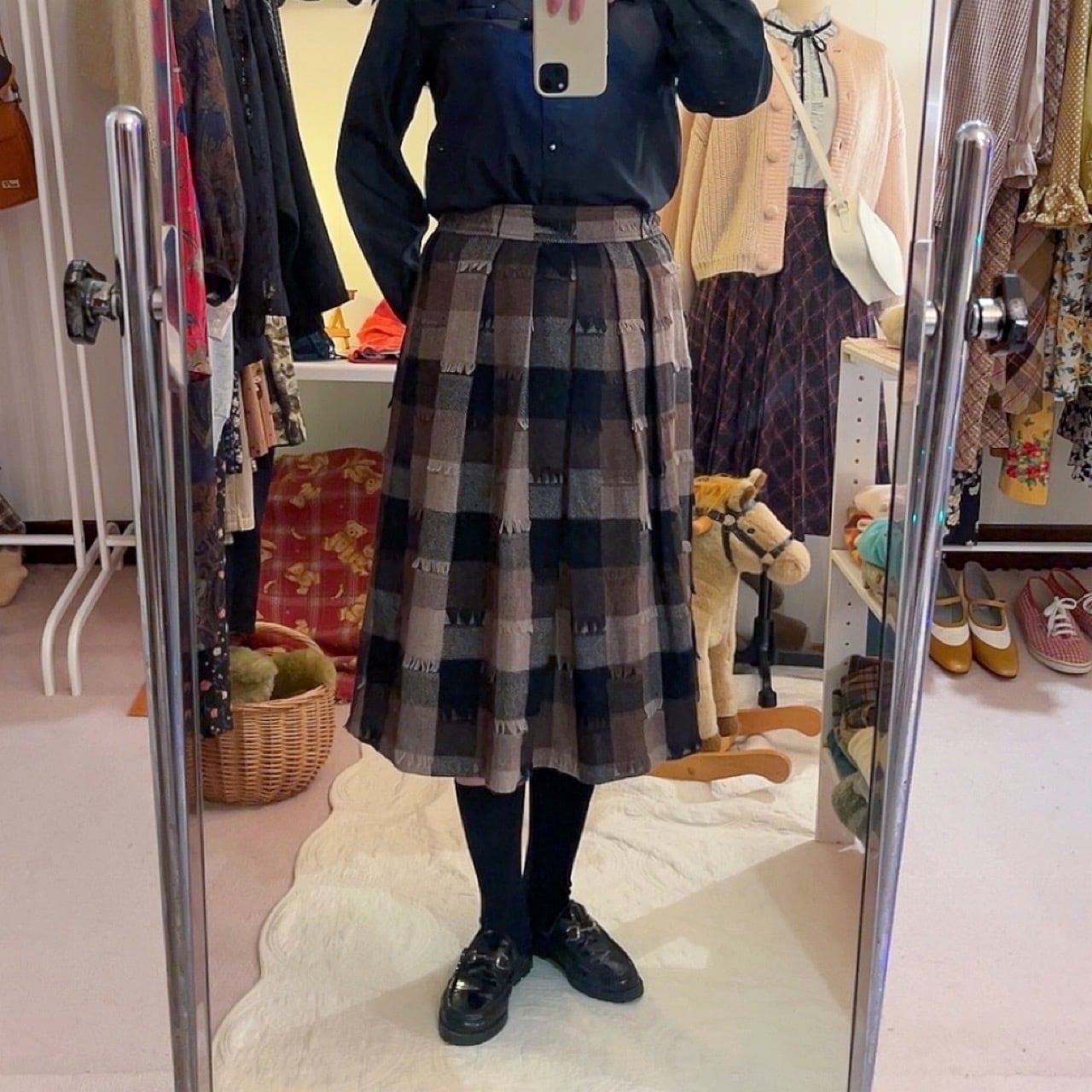 block check fringe wool skirt