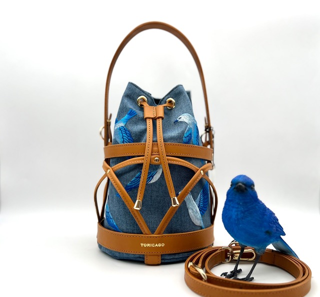 【TORICAGO_青い鳥◆デニム×キャメル◆金具ゴールド】鳥籠モチーフデザイン＊褒められバッグ＊内袋を変えれば着せ替え可能
