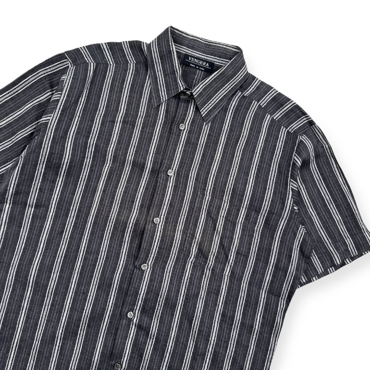 イタリア製◆麻100%◆VENGERA ストライプ柄 半袖 リネン シャツ BOX丈 /グレー/メンズ/オーバーサイズ/オールド/ビンテージ