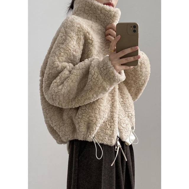 high-neck zip-up fluffy blouson