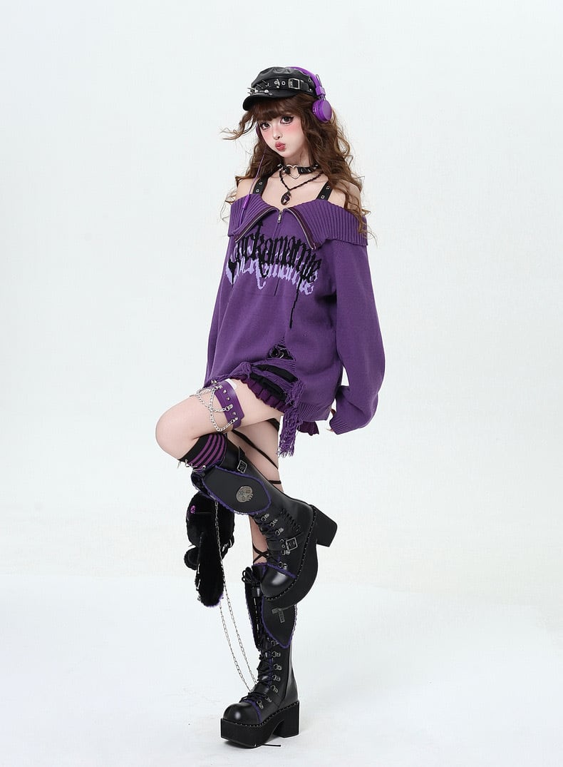 病みかわいい オープンジップ肩空きニット トップス 秋服 冬服 ユニ