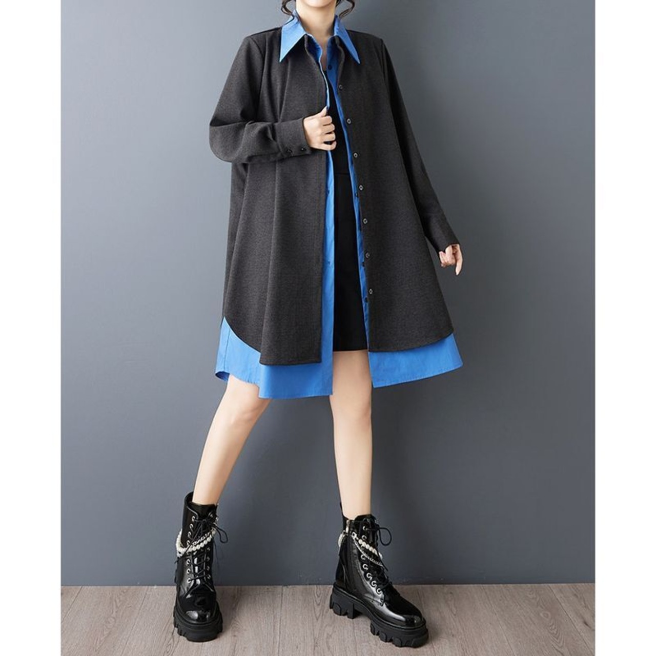 レイヤード風 配色 シャツワンピース  00130