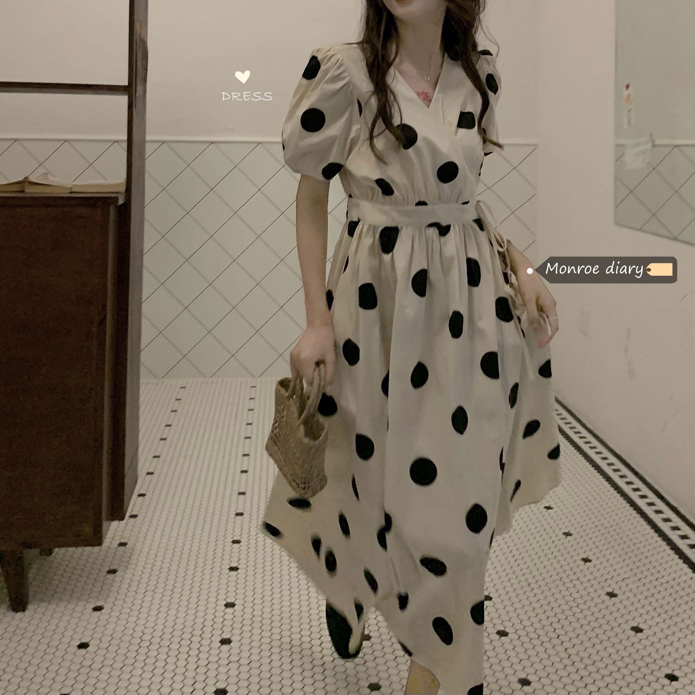 水玉スリーブVネックドレス サマーウェストAラインロングスカート 大人ガーリー スウィート キュート カジュアル 夏物 モンロー57868131578