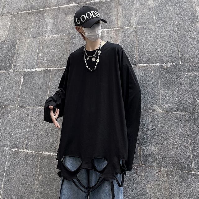 予約販売】ロンT 長袖 メンズ ダメージ加工 袖 スリット ホワイト