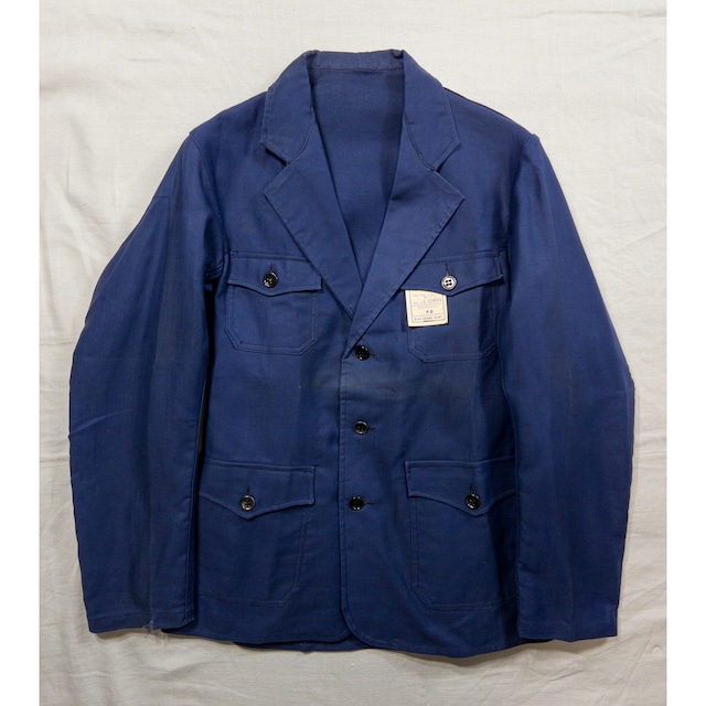 【1940s】"Le Fortex" French Blue Thin Twill 4 Pockets Lapeled Work Jacket with Metal Buttons, Deadstock!!