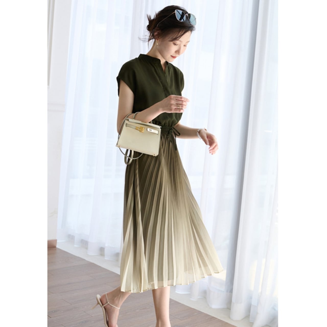 ハイウエスト膝下丈ワンピース 【MKOP15】